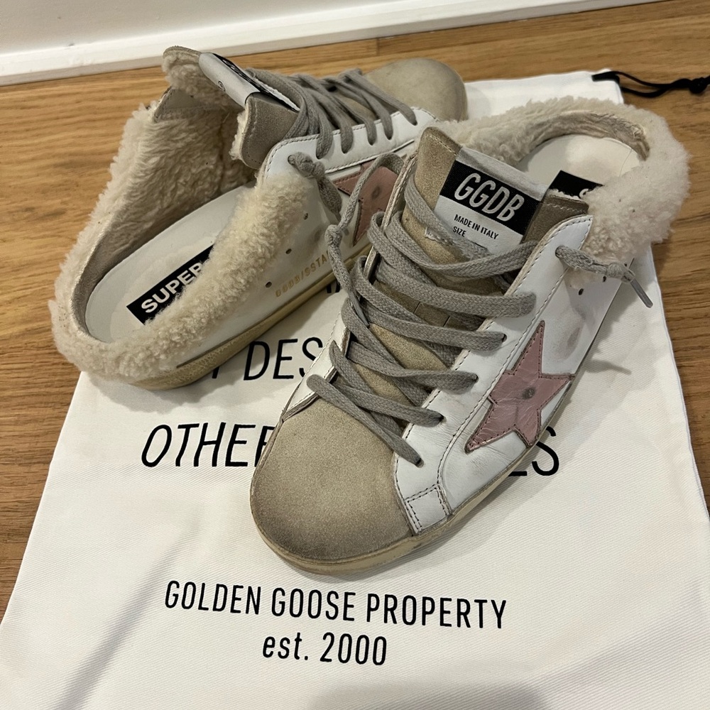 Golden Goose Superstar Sabot White Sneakers with Pink Star Size 8 Shearling
